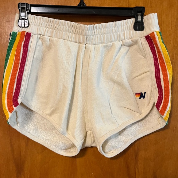 Aviator Nation 5 stripe Cream Shorts with Rainbow Stripes - Picture 7 of 7